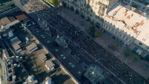 Aerial drone footage. Marathon On Kyiv Streets. photo