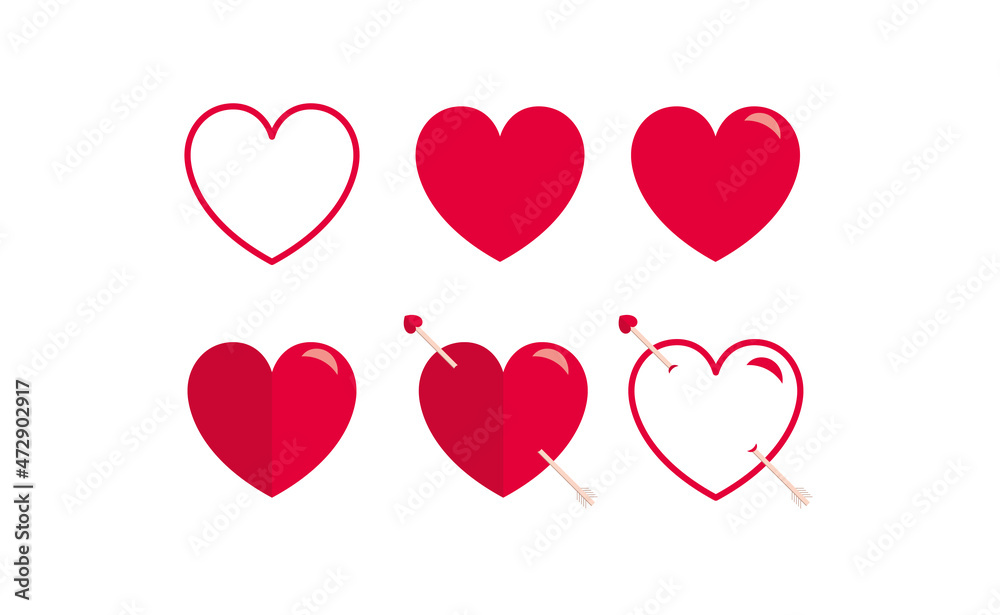 Collection of heart illustrations. Love symbols. Set of red hearts icons. Geometric. Simple. Outline. Shiny. Romance. Different heart shapes. Style. Flat design. Passionate. Arrowed heart. Vector.