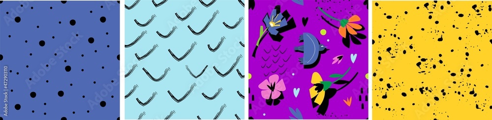 A set of seamless patterns with flowers, circles. splashes and abstract lines. Modern design for paper, cover, fabric, interior decor, website.