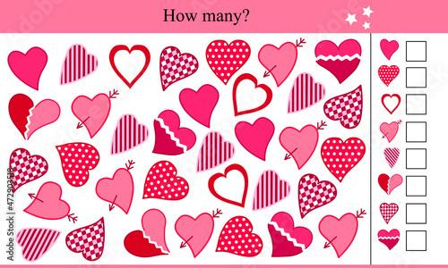 How many hearts? Educational game for children. Vector illustration