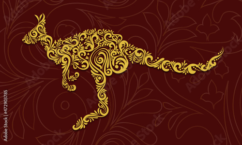 Golden Decorative Filigree Scroll-work Kangaroo Design On Burgundy and Gold Leaf Background
