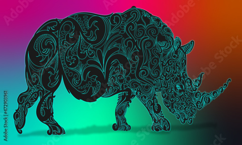 Glowing Teal Blue and Black Decorative Scroll-work Rhinoceros on Aqua Green, Pink And Red Gradient Background