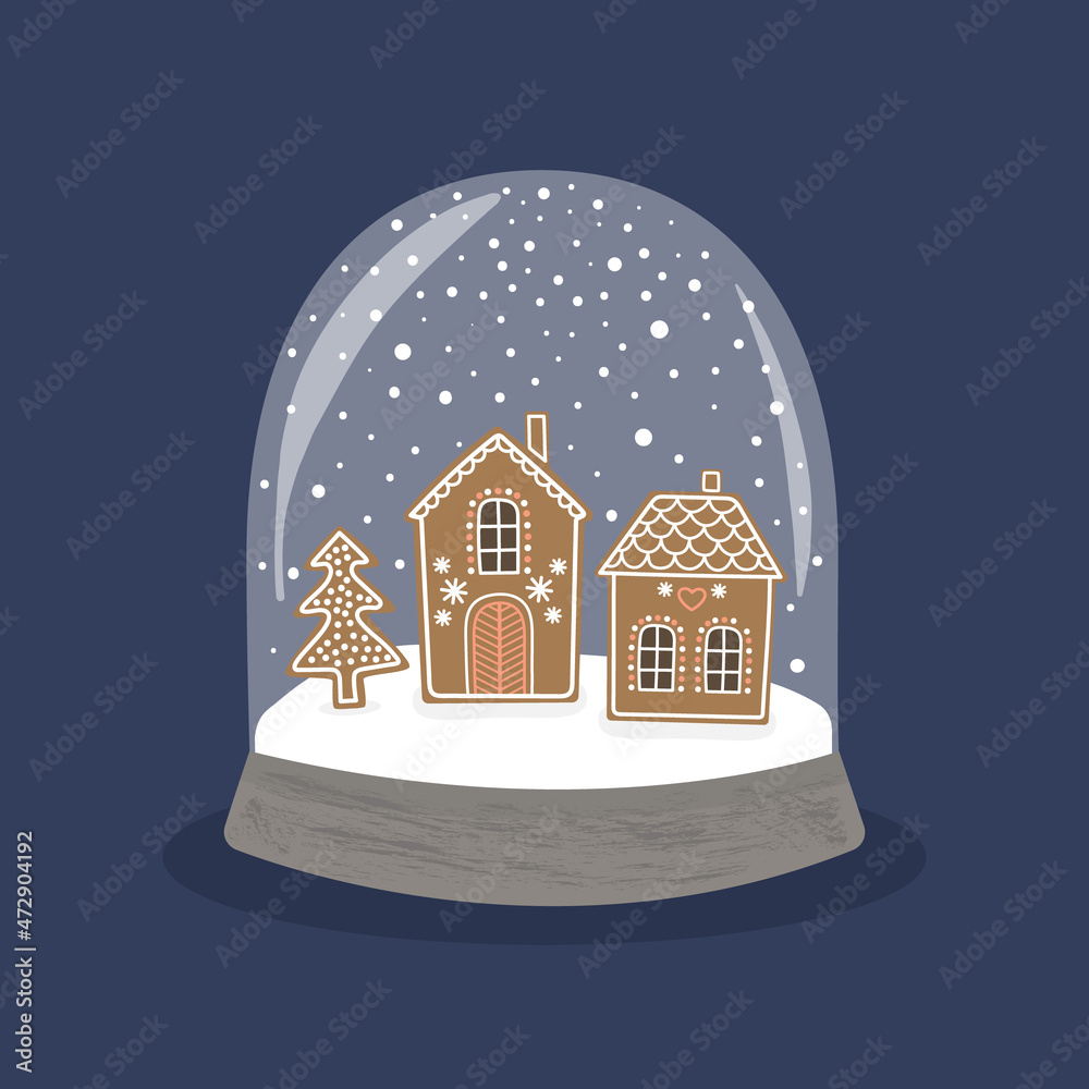 Snow globe with gingerbread houses.