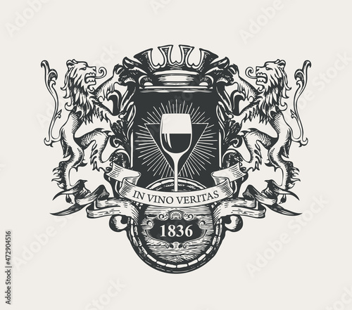 Ornate vector banner in the form of coat of arms with a glass of wine, a crown, lions, ribbons, a wooden barrel and the words In vino veritas. Black and white hand-drawn illustration in vintage style