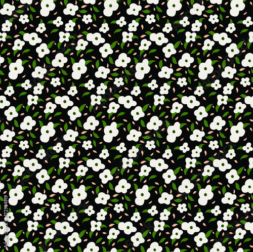Cute floral pattern in the small flower. Ditsy print. Seamless vector texture. Elegant template for fashion prints. Black background.