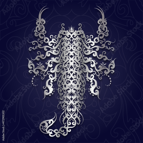 Shiny Silver Decorative Filigree Scroll-work Scorpion Design On A Dark Blue Background with Silver Scroll-work