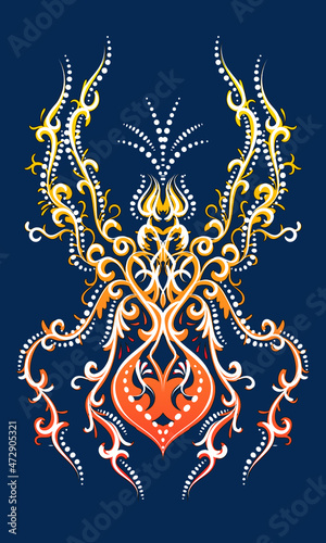 Orange and Yellow Decorative Filigree Scroll-work Spider with White Filigree Accents  On a Blue Background