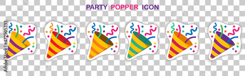 Party popper stickers in different colors.Confetti logo,congratulate and celebrate elements.Vector party popper icons set.Exploding cracker icon. photo