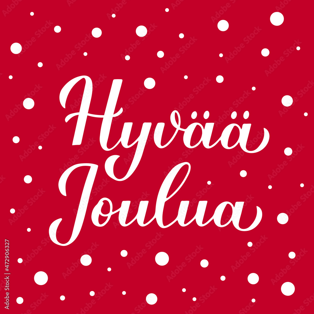 Hyvaa Joulua calligraphy hand lettering on red background with snow confetti. Merry Christmas typography poster in Finnish. Vector template for greeting card, banner, flyer, etc