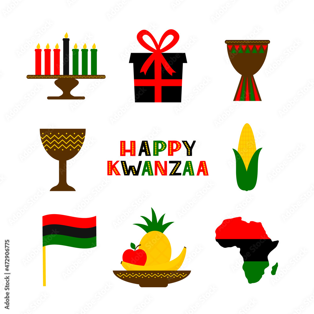 Kwanzaa symbols icon set. African American holiday. Vector elements of design for celebration poster, banner, greeting card, sticker, flyer, etc