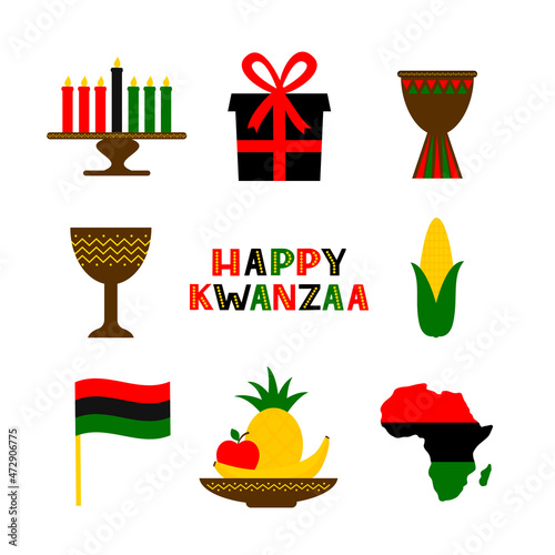Obraz na płótnie Kwanzaa symbols icon set. African American holiday. Vector elements of design for celebration poster, banner, greeting card, sticker, flyer, etc w salonie
