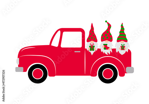 Christmas retro truck. Vintage pickup with gnomes. Vector template for winter holidays greeting card, banner, poster, flyer, etc