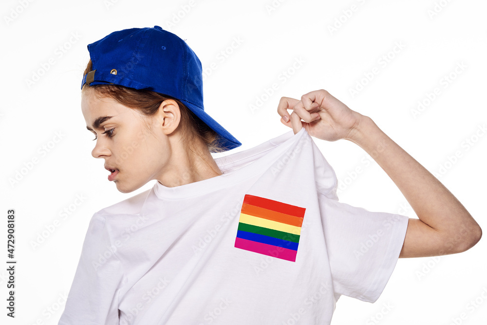 woman wearing white t-shirt lgbt flag inventor community woman wearing white t-shirt lgbt flag inventor community