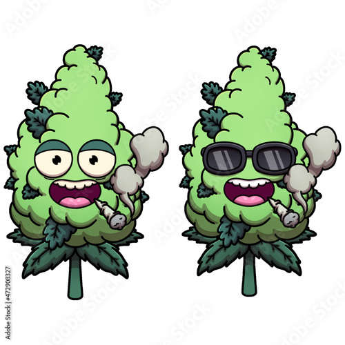 Funny Cartoon Weed Bud Characters Smoking Joint Stock Vector | Adobe Stock