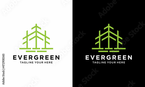 pine spruce conifer cedar coniferous fir larch forest pine tree line art Logo design template. on a black and white background.