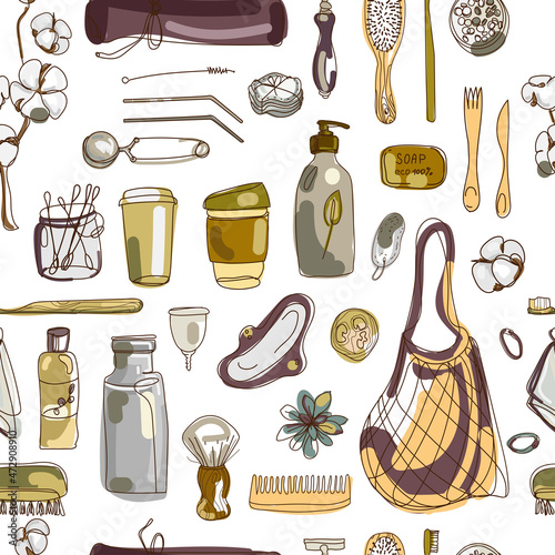 Zero waste lifestyle seamless pattern. Eco friendly hand drawing set of objects for life plastic free,drawn in sketch doodle style on white background. Go green concept. Vector illustration