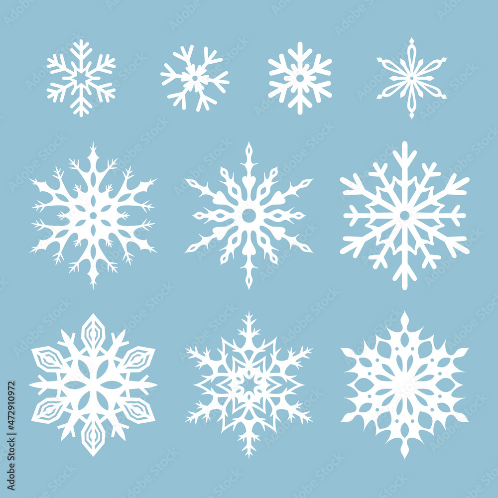 Vectors set of white snowflakes isolated on a blue background. Vectors set of white snowflakes isolated on a blue background.
