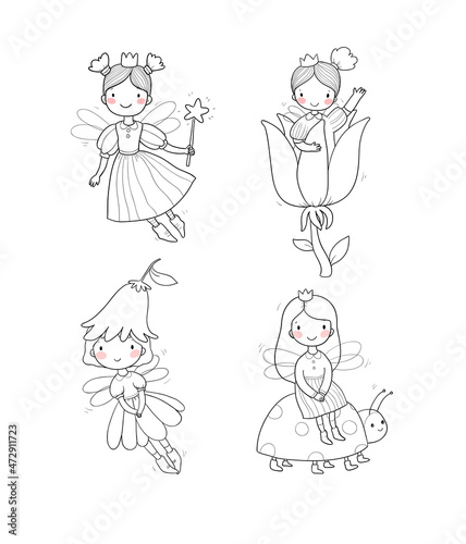 Set with cute cartoon fairies. Wood elves. Little girls princess with wings fly over flowers. Funny ladybug. Vector illustration