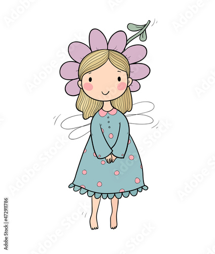 Cute cartoon fairy.Little Flower elf. Little girl with wings.