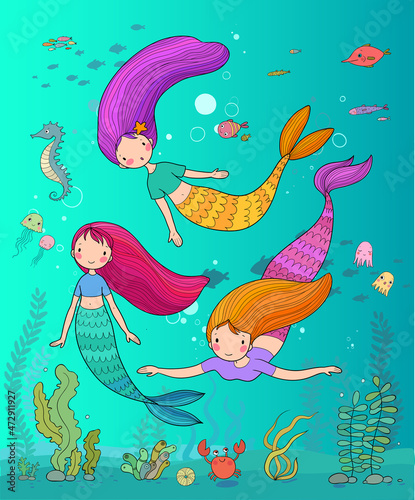  ute little mermaids. cartoon girls with fish tails. Marine theme.