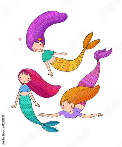  ute little mermaids. cartoon girls with fish tails. Marine theme.