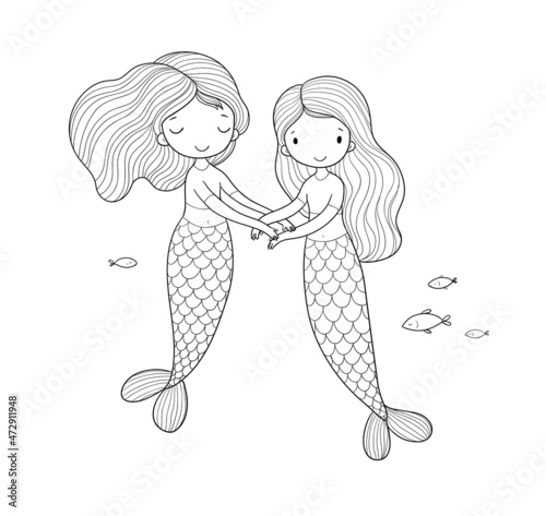  ute little mermaids. cartoon girls with fish tails. Marine theme.