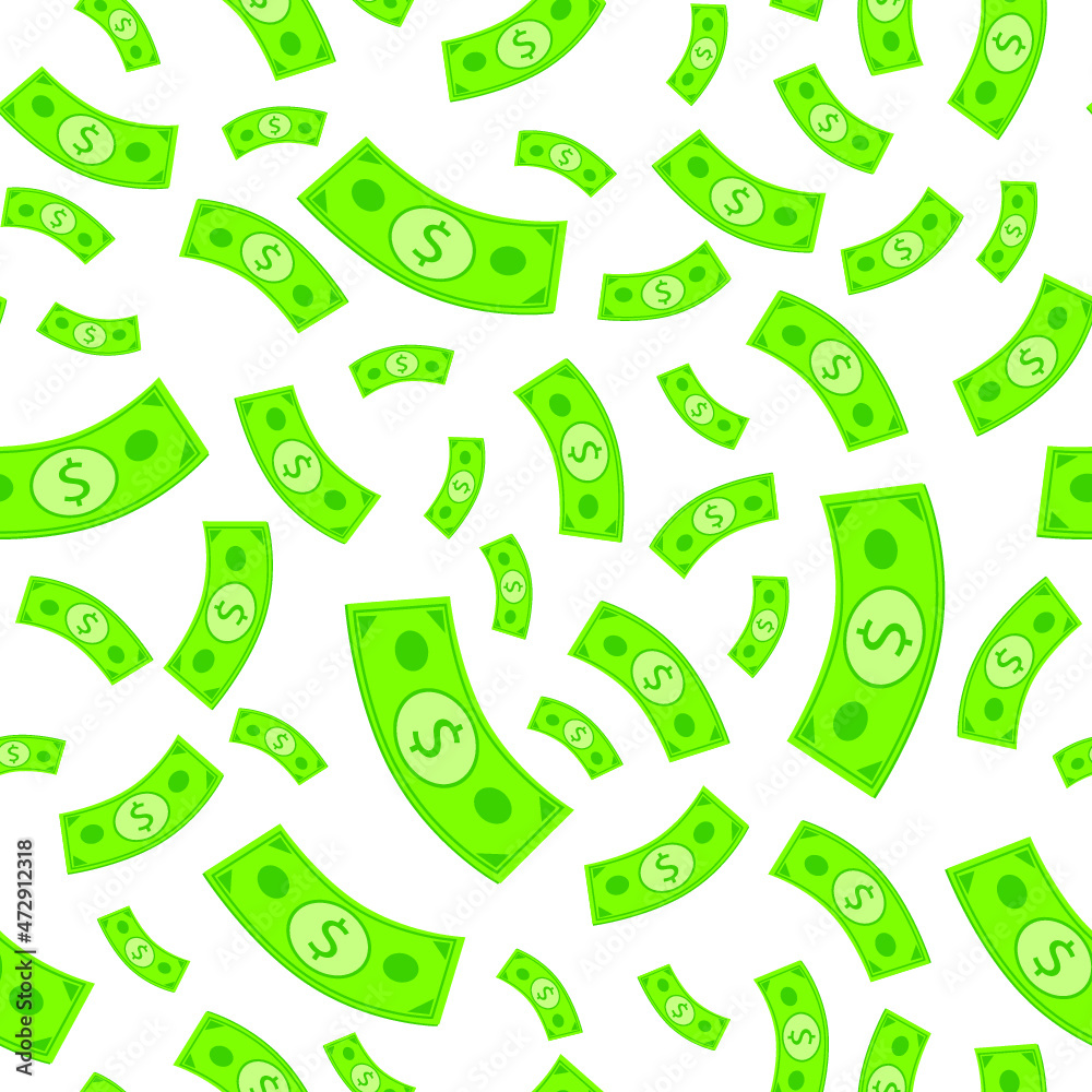 Seamless vector pattern of flying paper money on light-gray background, hand-drawn. Seamless vector pattern of flying paper money on light-gray background, hand-drawn.