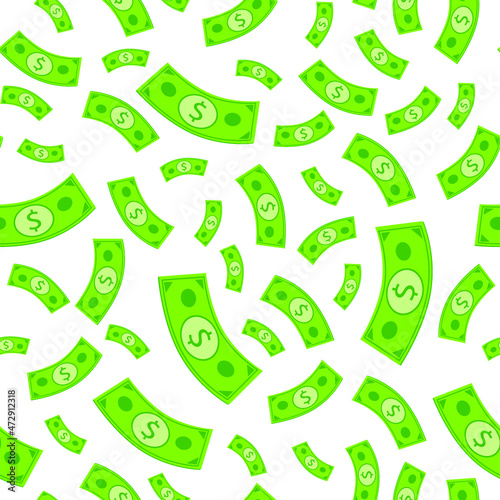 Seamless vector pattern of flying paper money on light-gray background, hand-drawn.
