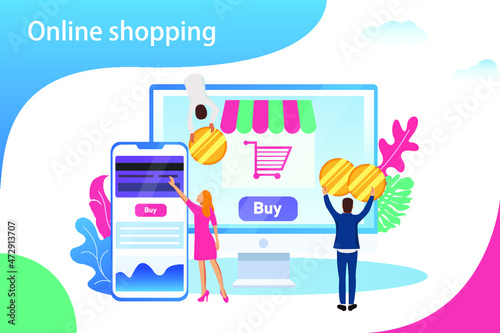 Business Concept Online Payment, Bills. Group of Clerks Improves the Work of Money Transfers. Teamwork of Businessmen at Office. Cartoon Flat Design, Isolated Vector Illustration