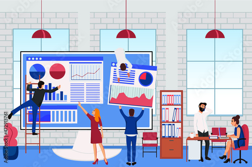 Business data analysis and analytics concept. Chart and graph, diagram research. Making report for optimization. flat illustration