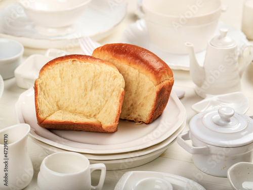Fresh Baked Japanese Soft and Fluffy Bun White Bread, Popular as Hokaido Milk Bread . Homemade Japanese Brioche