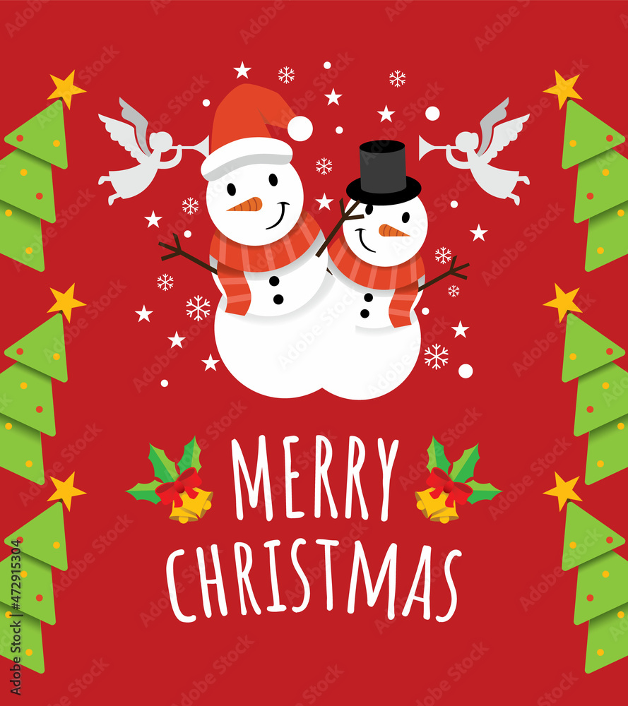 Cute Greeting Merry Christmas Card with two cute snowman brothers in Red Background.