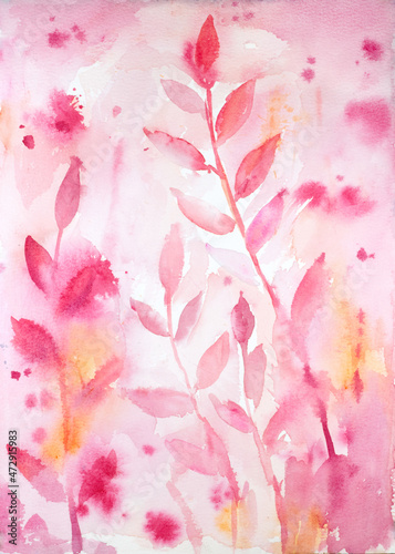 Abstract pink watercolor background with branches and leaves elements. Hand painted artistic texture.
