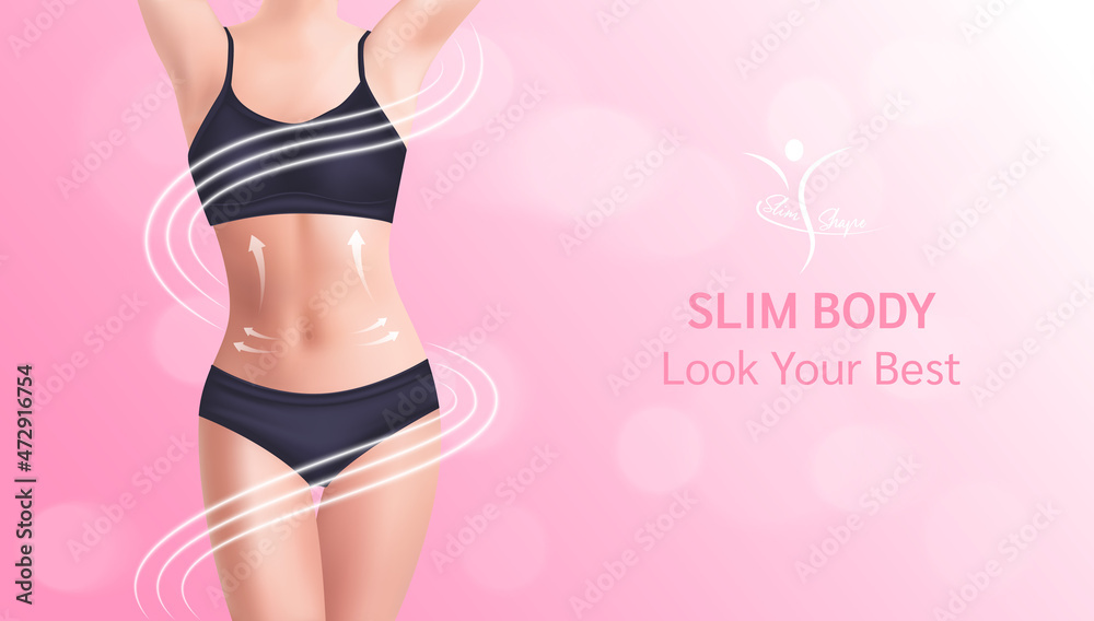 Beautiful woman's body. Perfect slim toned young body. Girl in perfect sexy  body shape in black panties in 3d vector illustration, On a pink bokeh  background. Stock Vector | Adobe Stock