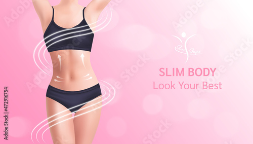 Beautiful woman's body. Perfect slim toned young body. Girl in perfect sexy body shape in black panties in 3d vector illustration, On a pink bokeh background.