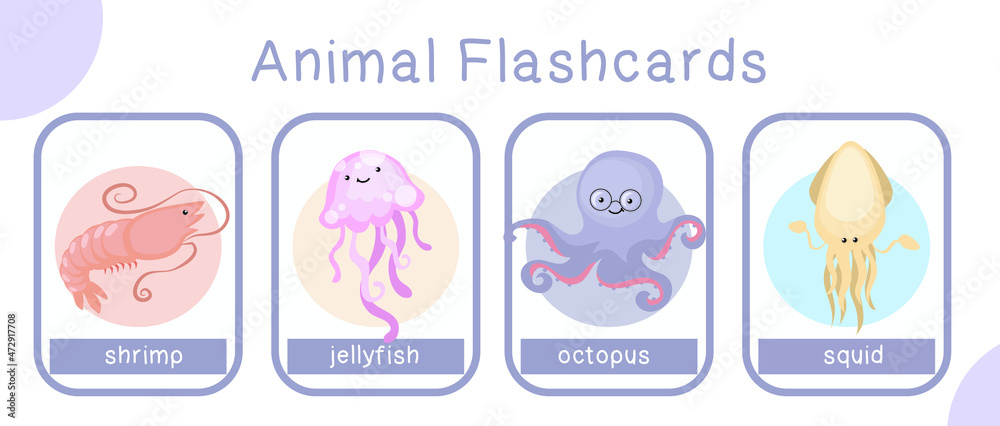 Cute animal flashcards collection. English alphabet with cartoon animals set. Cute drawing of sea animals. Card games for kids. Vector illustration. Cute animal flashcards collection. English alphabet with cartoon animals set. Cute drawing of sea animals. Card games for kids. Vector illustration.