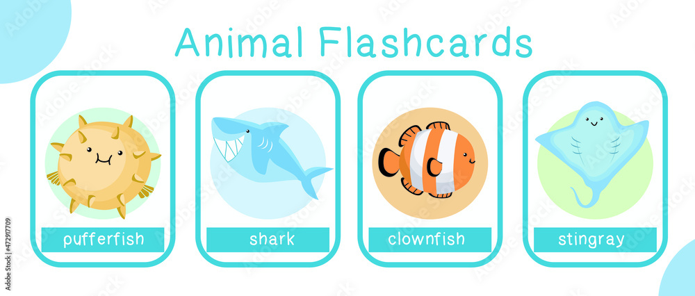 Cute animal flashcards collection. English alphabet with cartoon animals set. Cute drawing of sea animals. Card games for kids. Vector illustration.