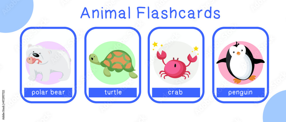 Cute animal flashcards collection. English alphabet with cartoon animals set. Cute drawing of sea animals. Card games for kids. Vector illustration.