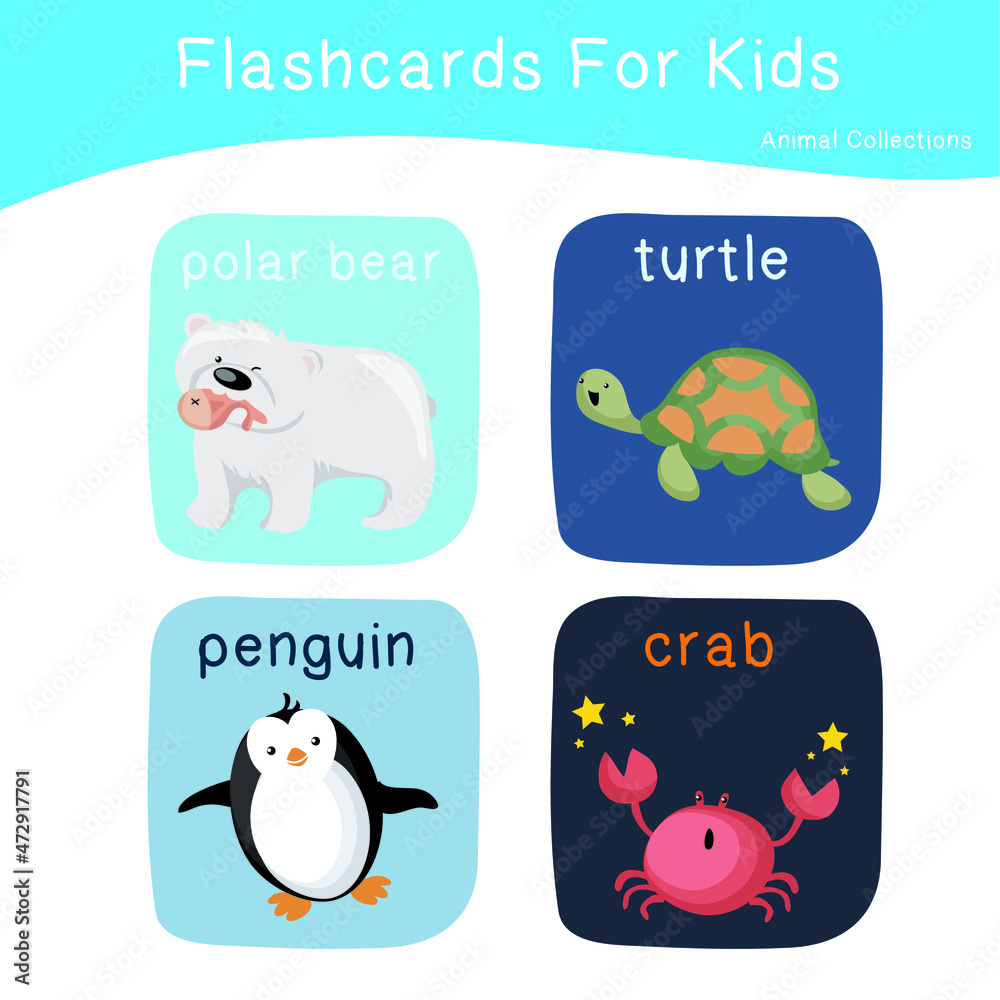 Cute animal flashcards collection. English name with cartoon animals set.  Cute drawing of sea animals. Card games for kids. Vector illustration.  Stock Vector | Adobe Stock
