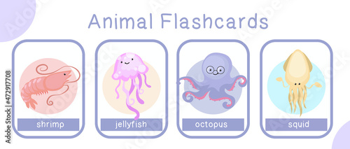 Cute animal flashcards collection. English alphabet with cartoon animals set. Cute drawing of sea animals. Card games for kids. Vector illustration.