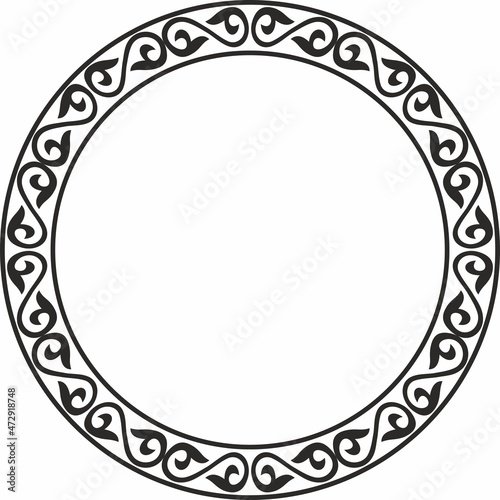 Vector monochrome round patterned Kazakh national frame. Asian ornament in a circle. Border for sandblasting, laser and plotter cutting. Patterns of the nomadic peoples of the Great Steppe
