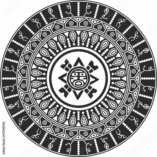 Vector monochrome Aztec ritual circle. Geometric round Native American ornament. Jewelry of ancient shamans.
