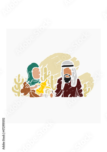 Editable Brush Strokes Style Arab Lady Pouring Arabic Coffee From Dallah Pot into Finjan Cup for Her Husband Vector Illustration for Islamic Moments or Arabian Culture Cafe and Family Related Design