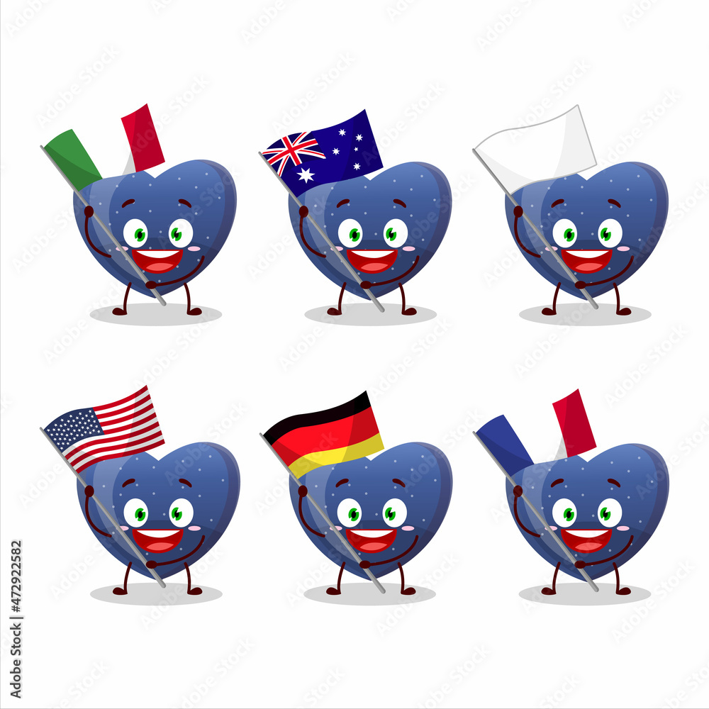 Blue love gummy candy cartoon character bring the flags of various countries Blue love gummy candy cartoon character bring the flags of various countries
