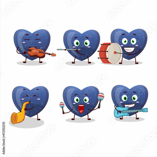 Cartoon character of blue love gummy candy playing some musical instruments