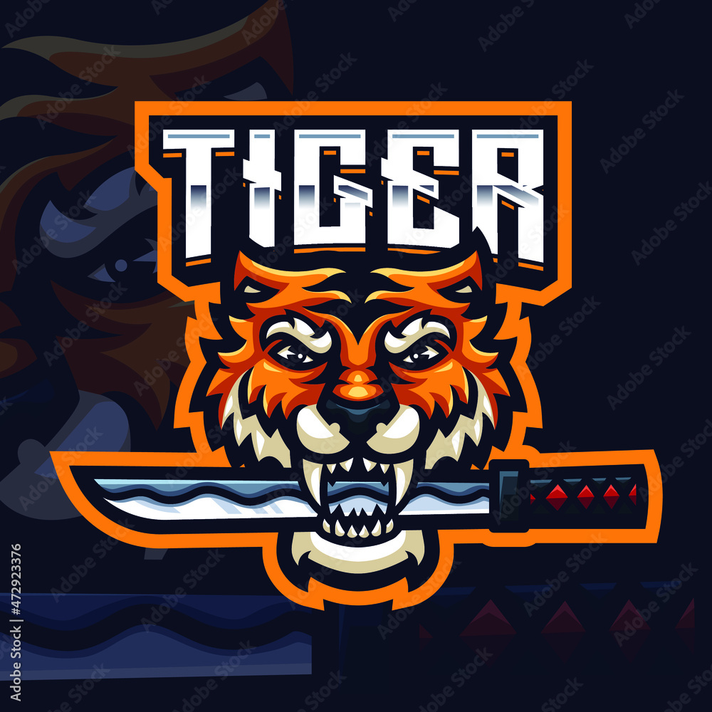Tiger Biting Sword Mascot Gaming Logo Template