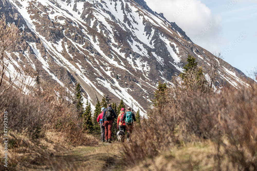 Fototapeta premium Group of people hiking towards scenic mountain view in northern Canada during spring time. Incredible scenery in Kluane National Park, Yukon Territory, Canada.