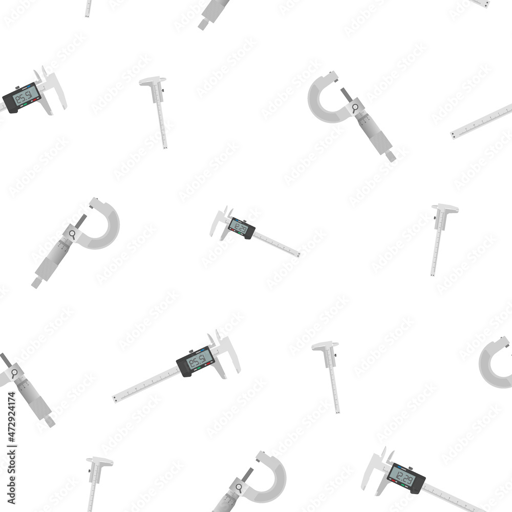 Pattern of flat just a vernier caliper and micrometer smooth, digital vernier caliper. Easy color design. On a white background. Tools for any specialist. Flat vector illustration. Pattern of flat just a vernier caliper and micrometer smooth, digital vernier caliper. Easy color design. On a white background. Tools for any specialist. Flat vector illustration.