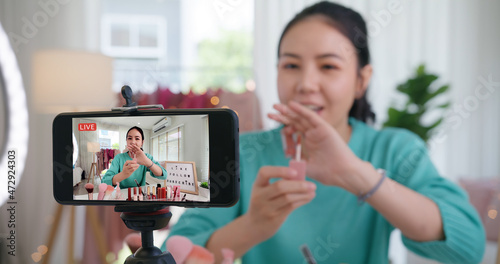 Asia woman micro influencer record live viral video camera at home studio. Happy fun talk speak advice review hobby in media. Vlogger selfie shoot enjoy work show smile teach like share app. photo