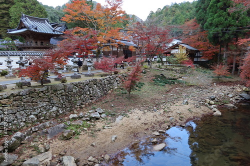 Sho-rou Tower and stone lanterns and Kanmonryo Gate and Buttsuji-gawa River and autumn leaves in the precincts of Buttsu-ji Temple in Mihara City in Hiroshima Prefecture                                                                                           